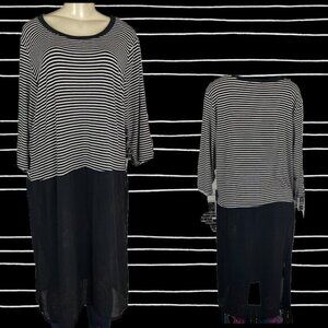 Cha Cha Vente +2X Black Striped Scoop Neck Black Split Sides Sheer Hem Midi Top